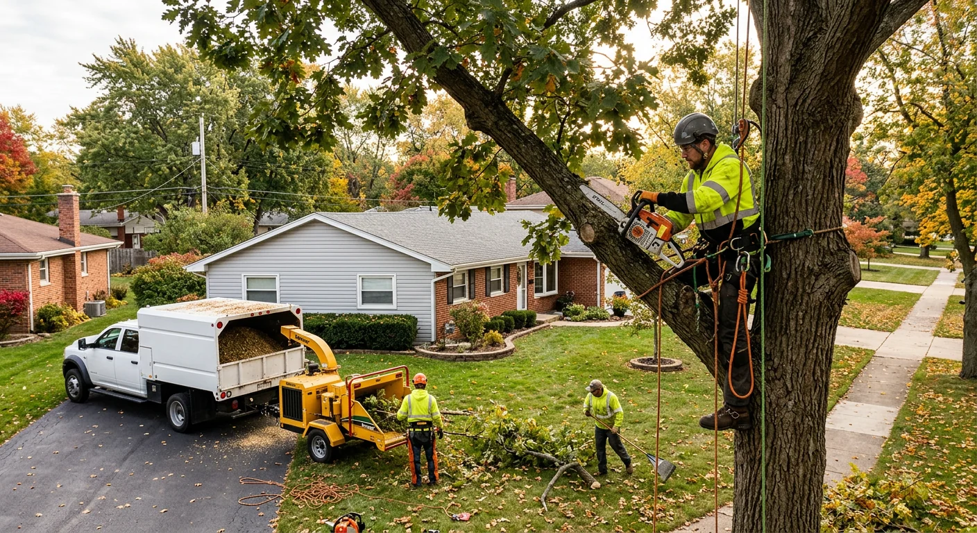 Crew clearing dense brush along a residential property line in Carpentersville