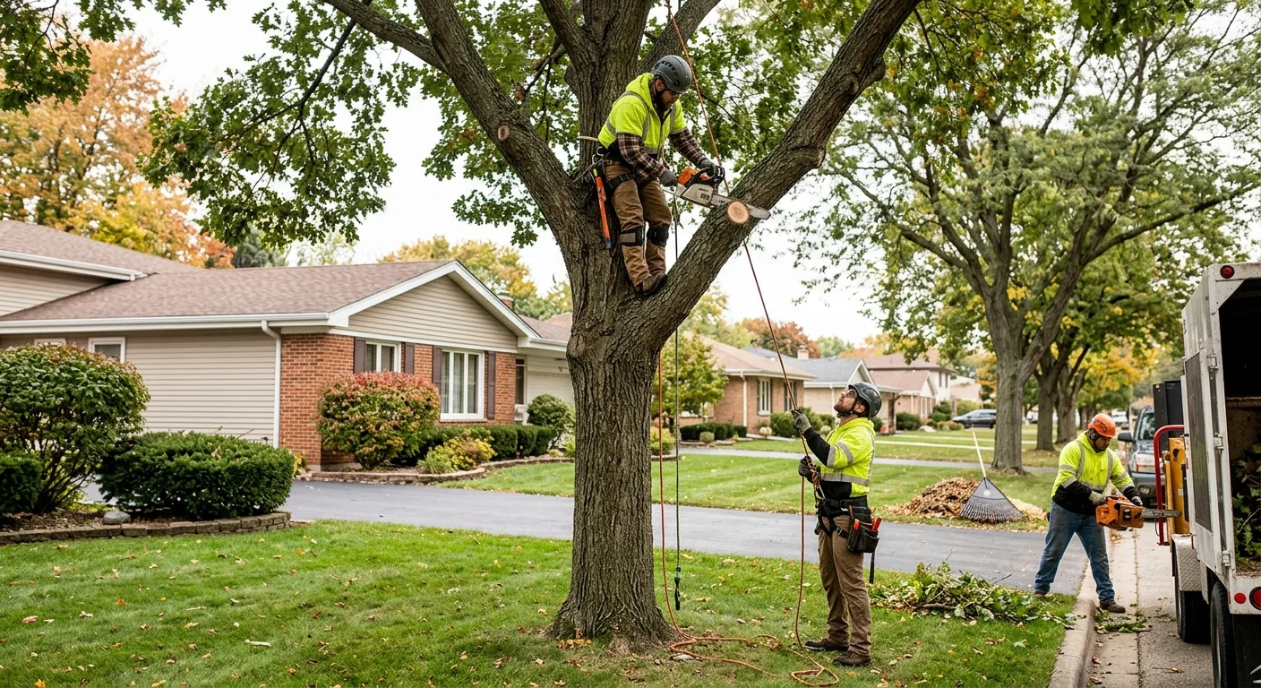 Crew clearing overgrown brush along a wooded property edge in Carpentersville