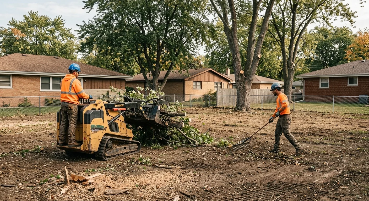 Wide view of a cleared residential lot after dense brush removal in Carpentersville