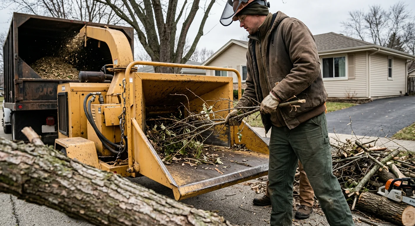 Close-up of a wood chipper processing cut brush on a suburban property