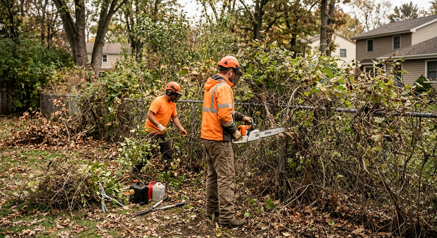 Overgrown fence line thick with brush before clearing work begins