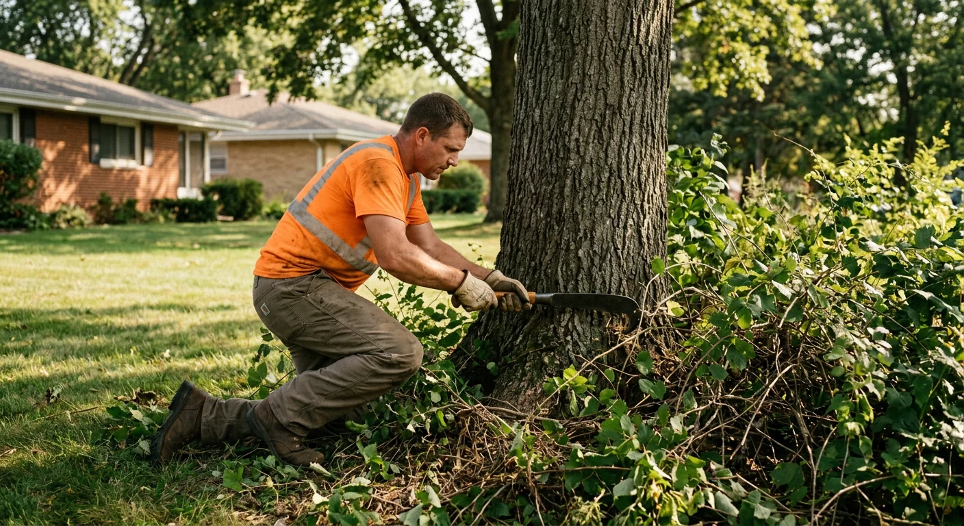 Crew member hand-cutting dense undergrowth near a tree base