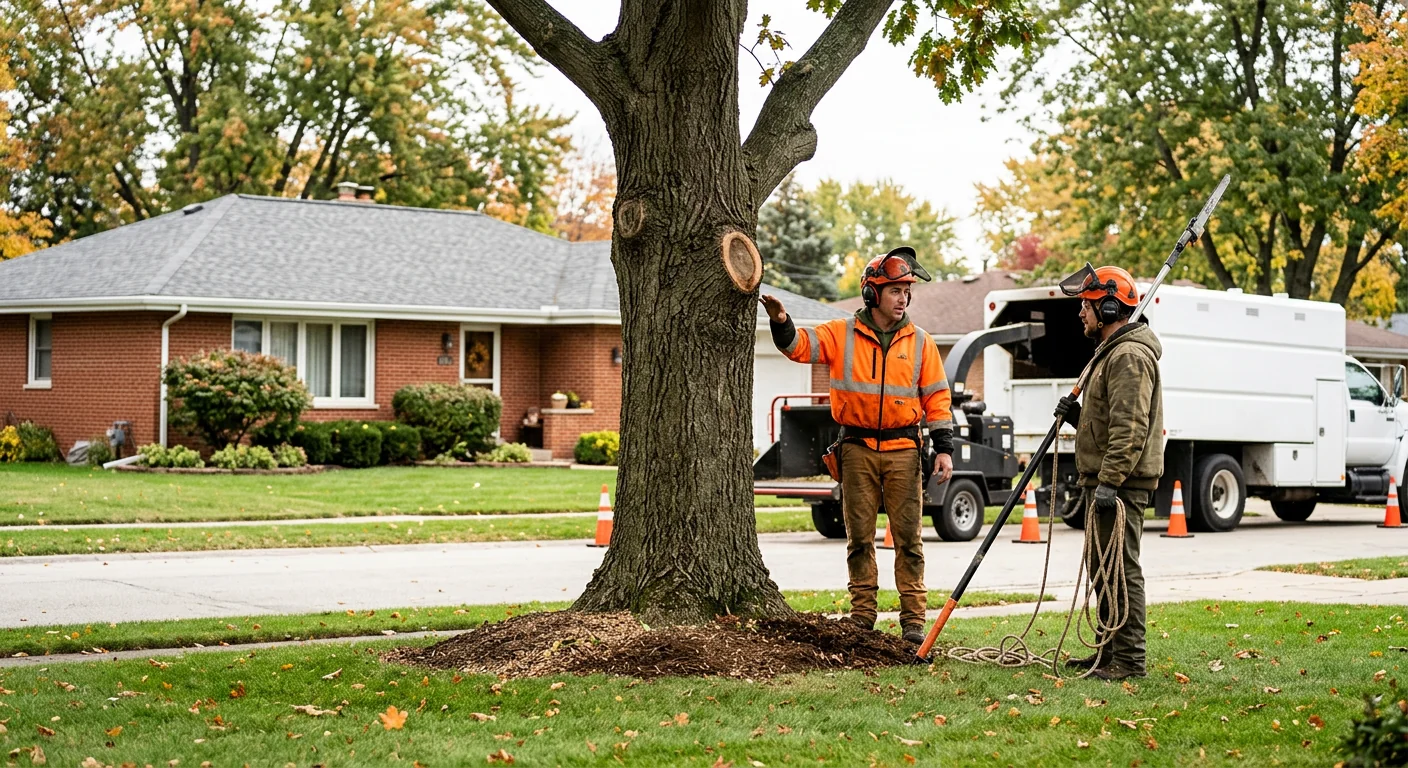 Crane lifting a large trunk section from a residential yard in Carpentersville