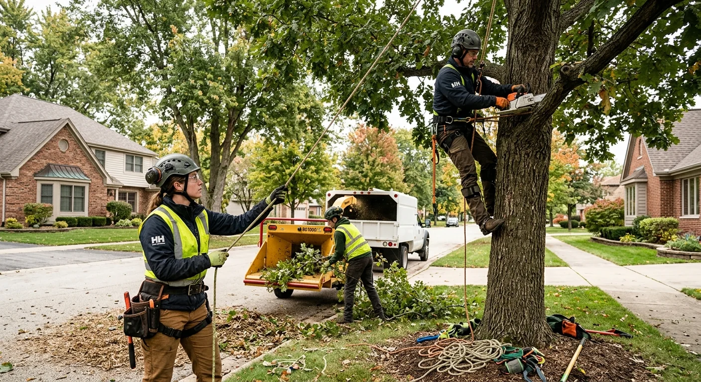 Crane lifting a large removed tree over a residential yard in Carpentersville