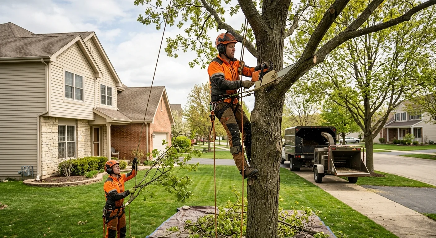 Hydraulic crane lifting a large tree section over a Carpentersville home