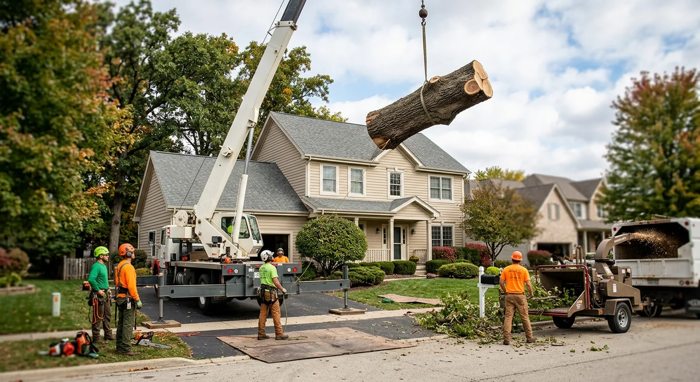 Crane lifting a large oak section over a Carpentersville home during removal