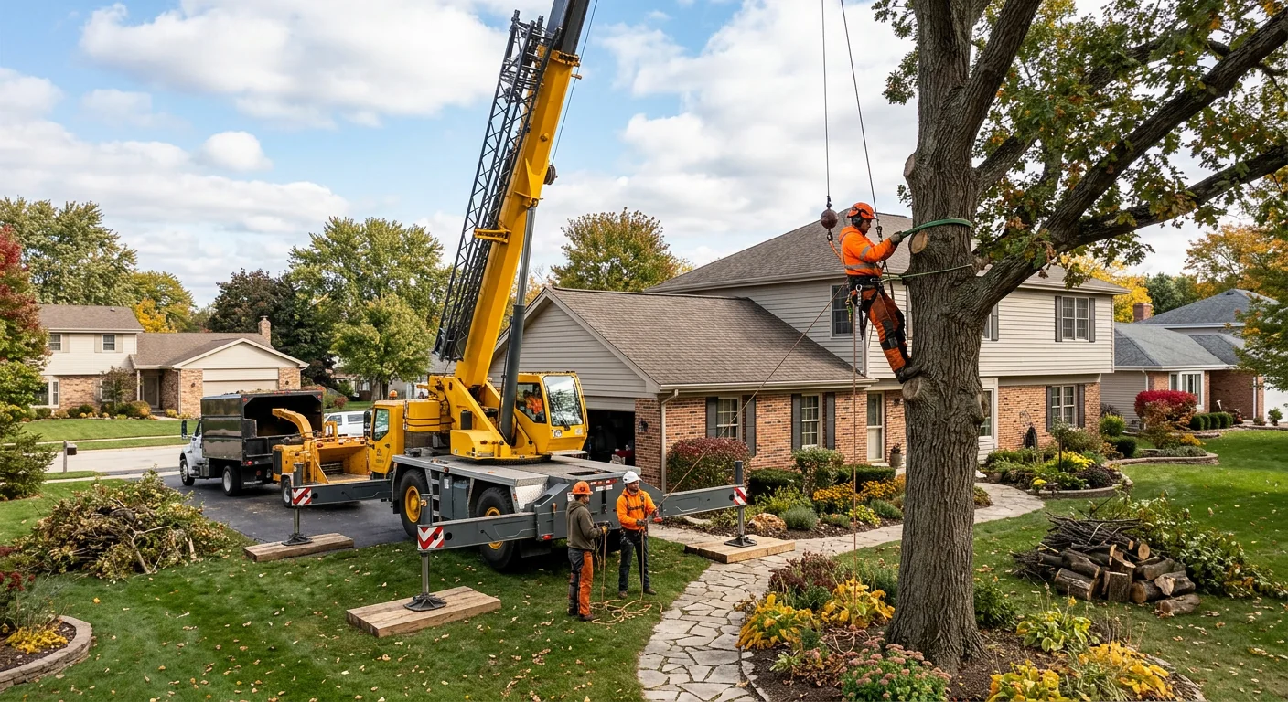 Wide shot of a crane stabilized with outriggers in a residential backyard
