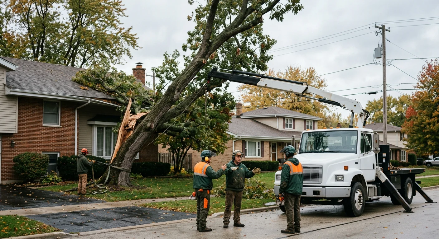 Storm-damaged tree leaning toward a rooftop before crane removal begins