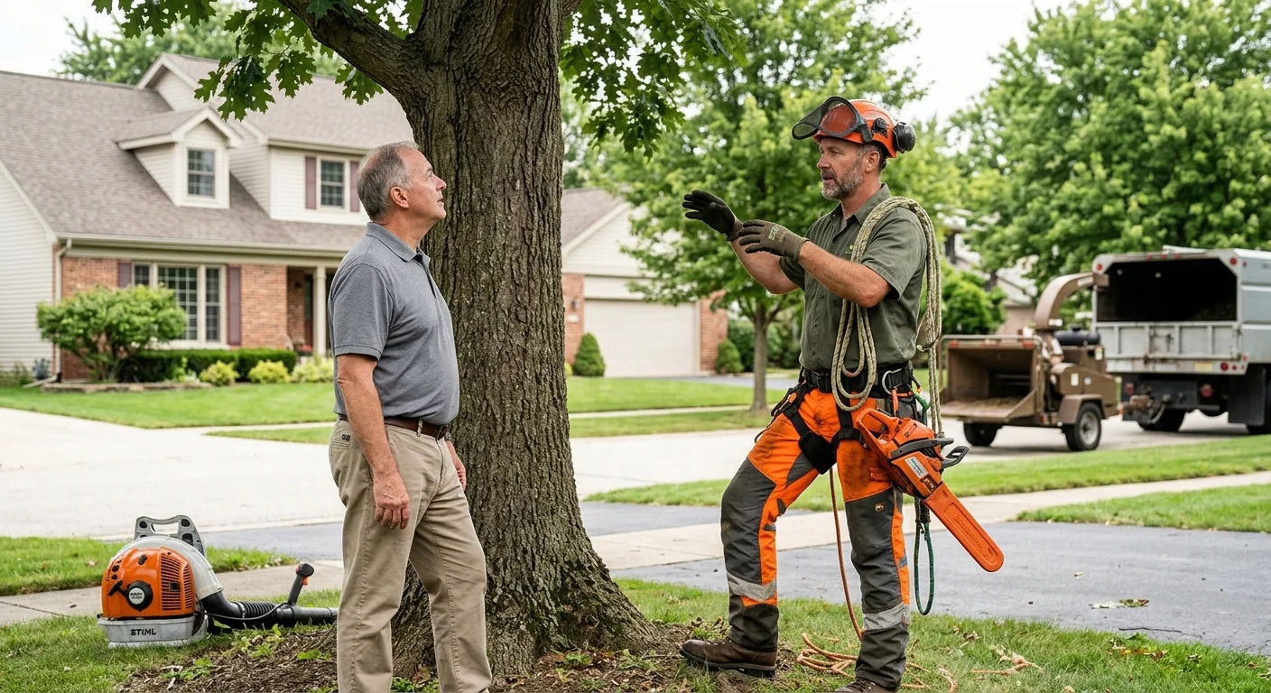 Crew reviewing a storm-damaged tree removal estimate at a Carpentersville home