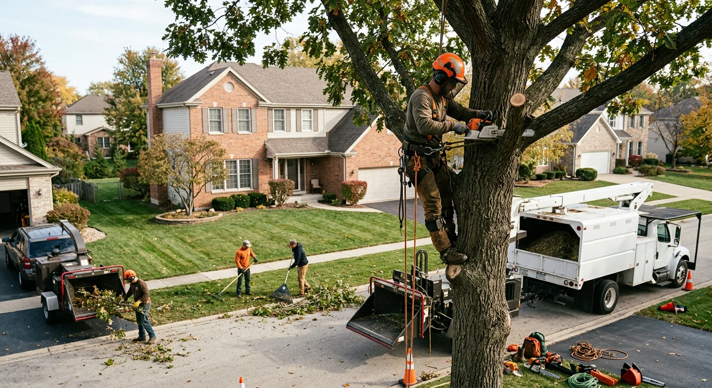 Storm-damaged tree leaning over a Carpentersville home awaiting emergency removal
