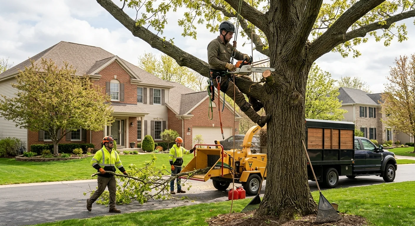 Crew clearing a storm-damaged tree from a Carpentersville home after high winds