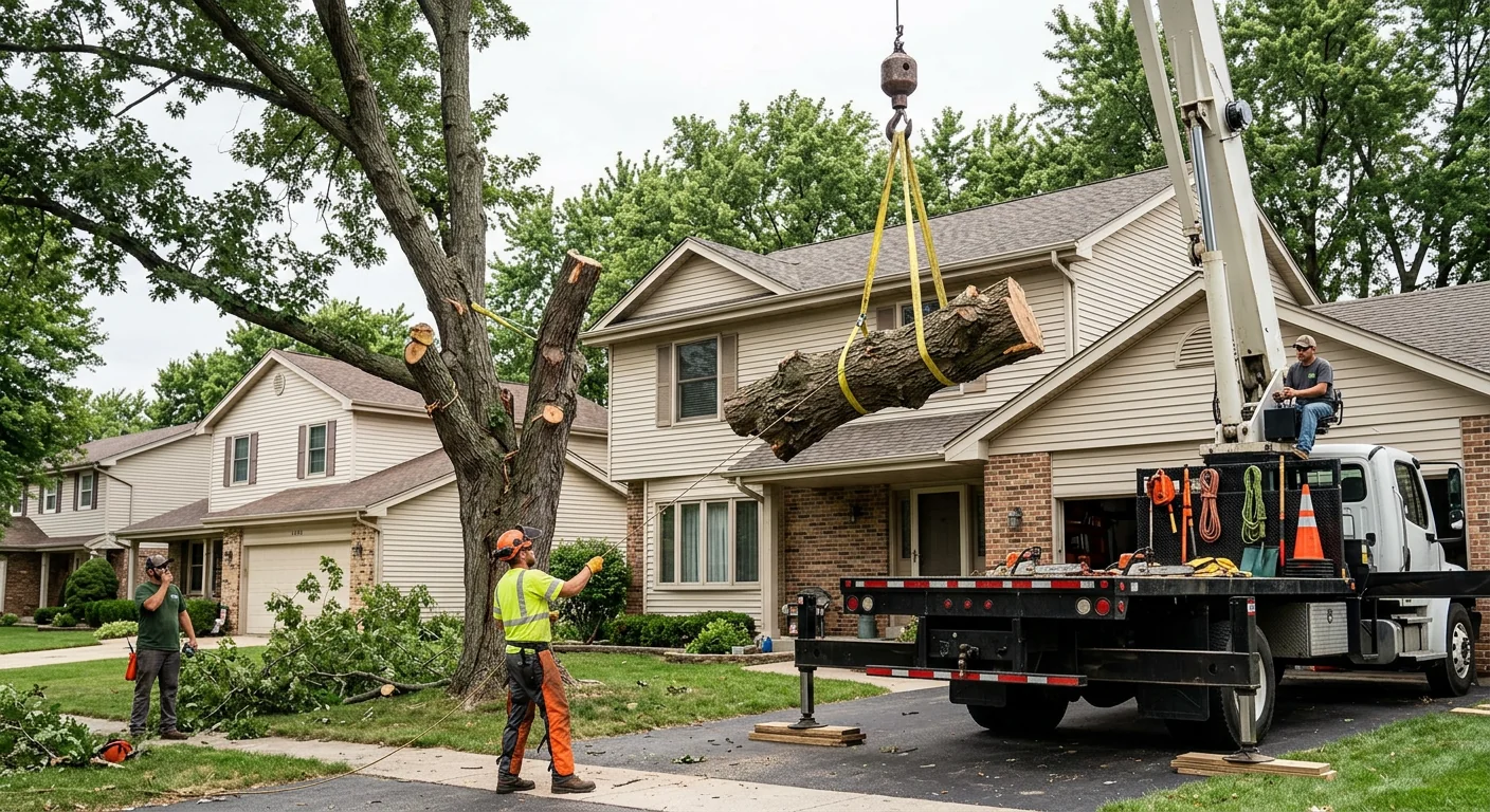Crane lifting a split oak section away from a Carpentersville rooftop