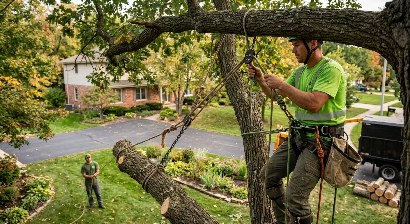 Close-up of an arborist rigging a limb over a residential backyard