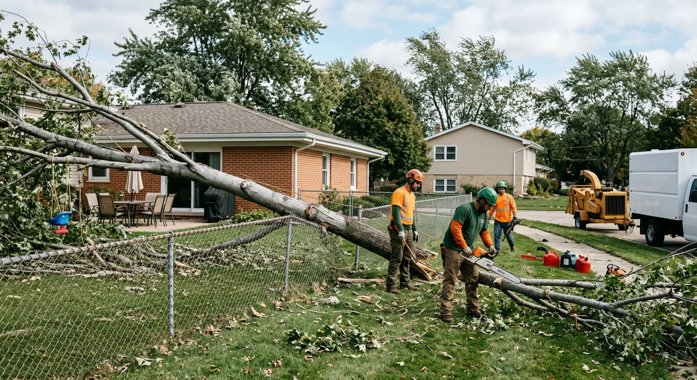 Wide shot of a storm-toppled maple across a suburban fence line