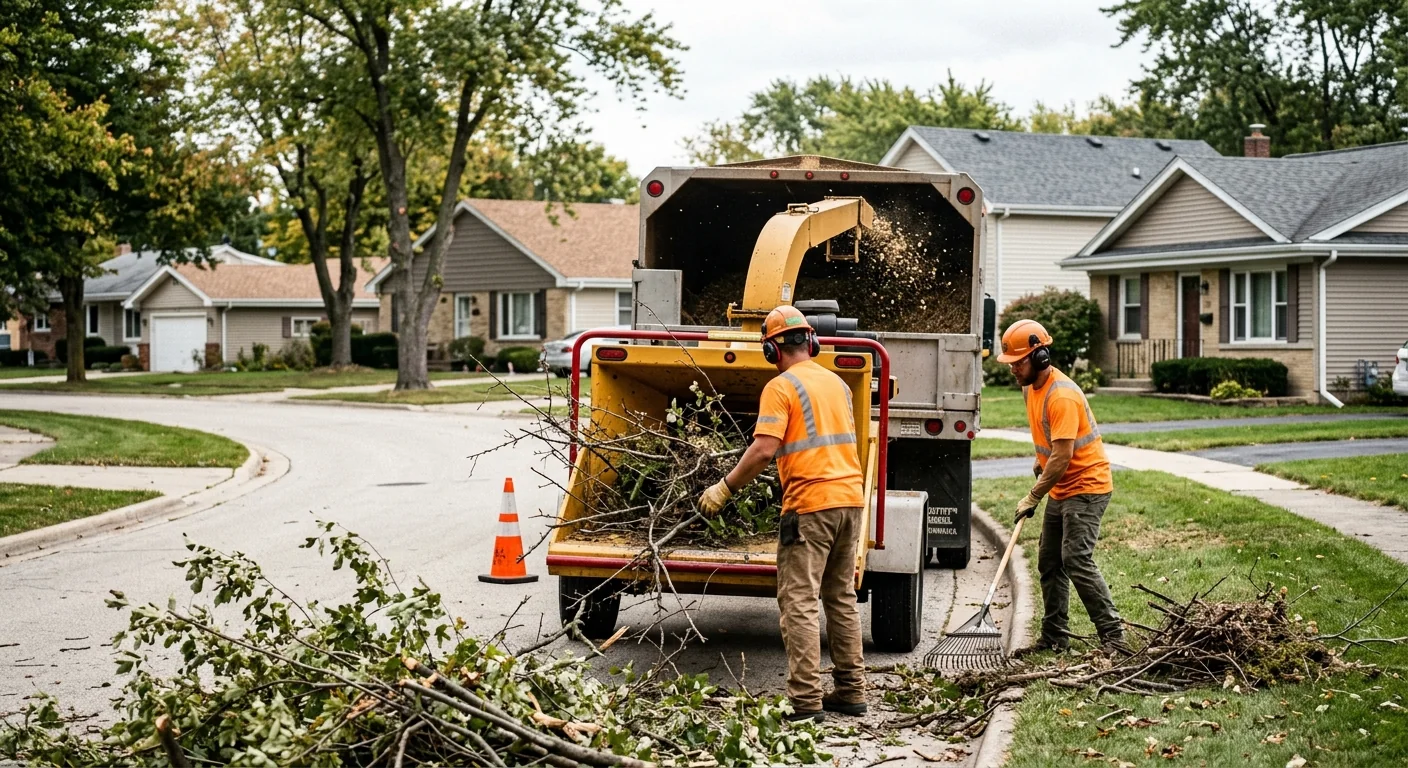 Wood chipper processing brush during emergency cleanup on a local street