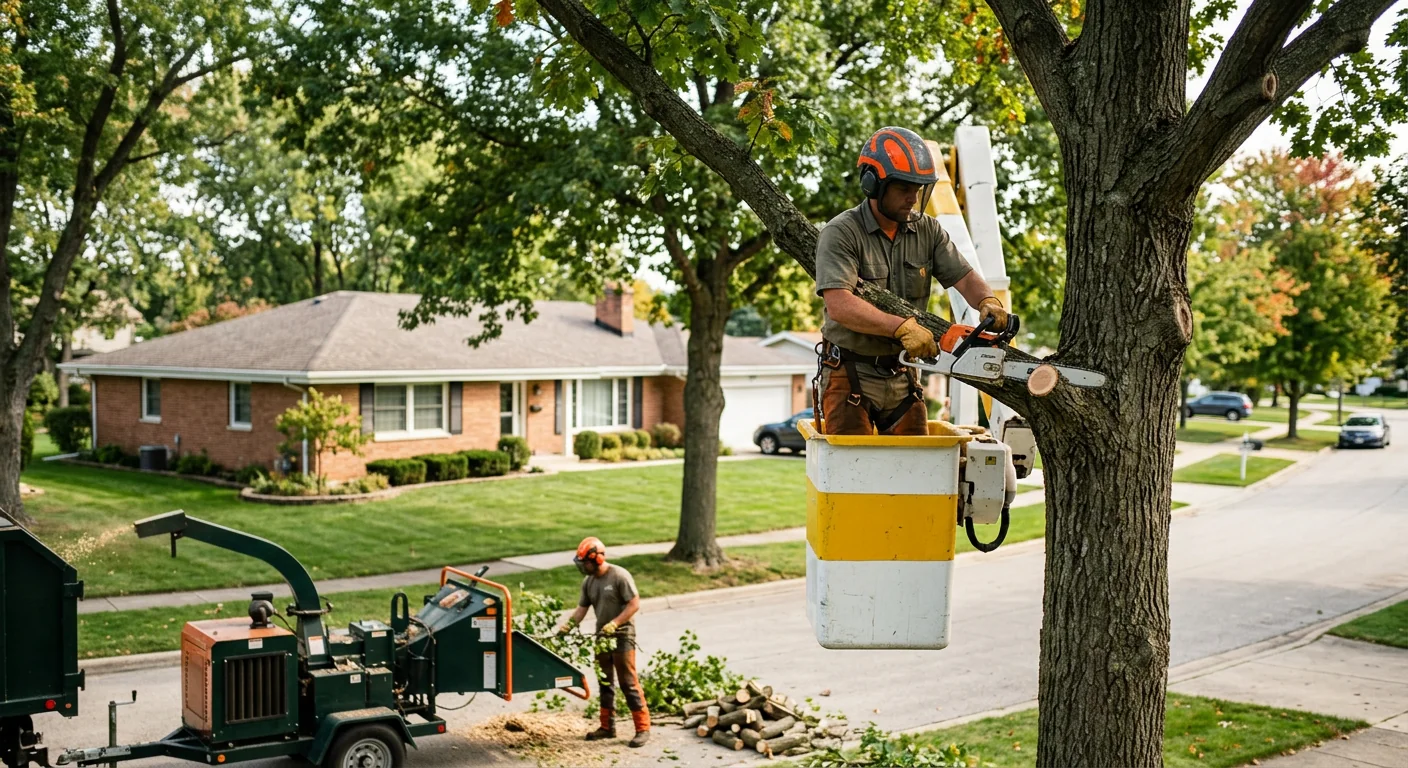 Arborist inspecting a leaning hazardous tree near a Carpentersville home before removal