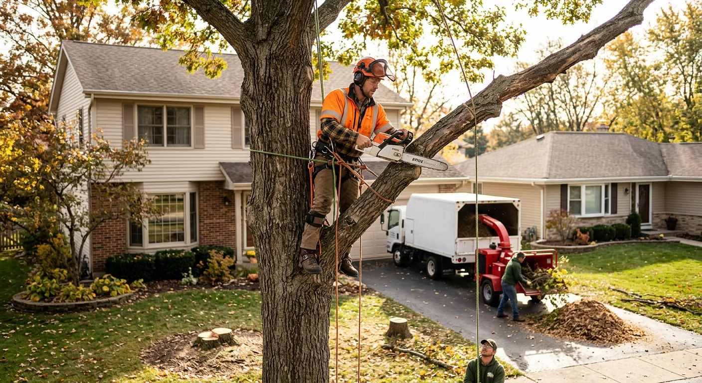 Arborist assessing a leaning hazardous tree near a Carpentersville home before safe removal