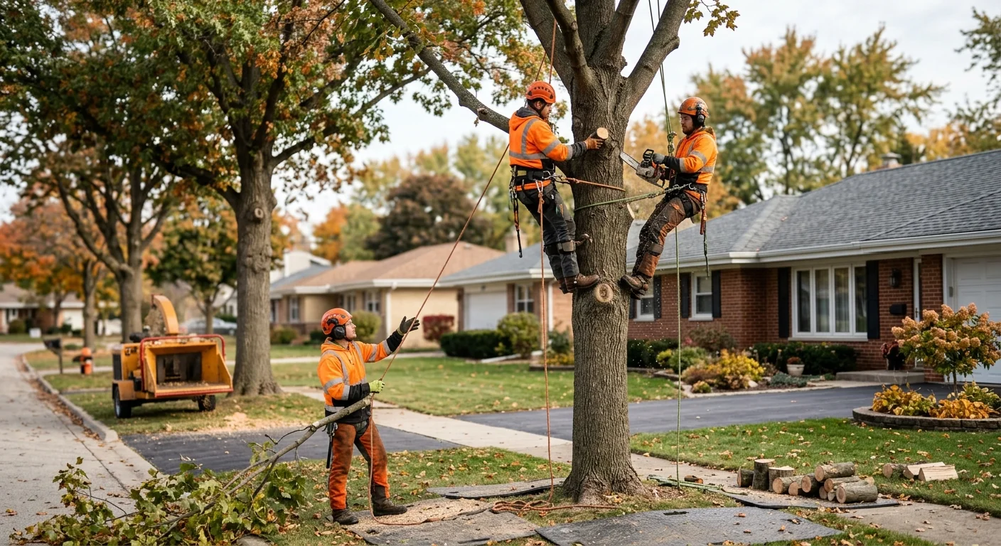 Arborist rigging a leaning hazardous tree beside a Carpentersville home