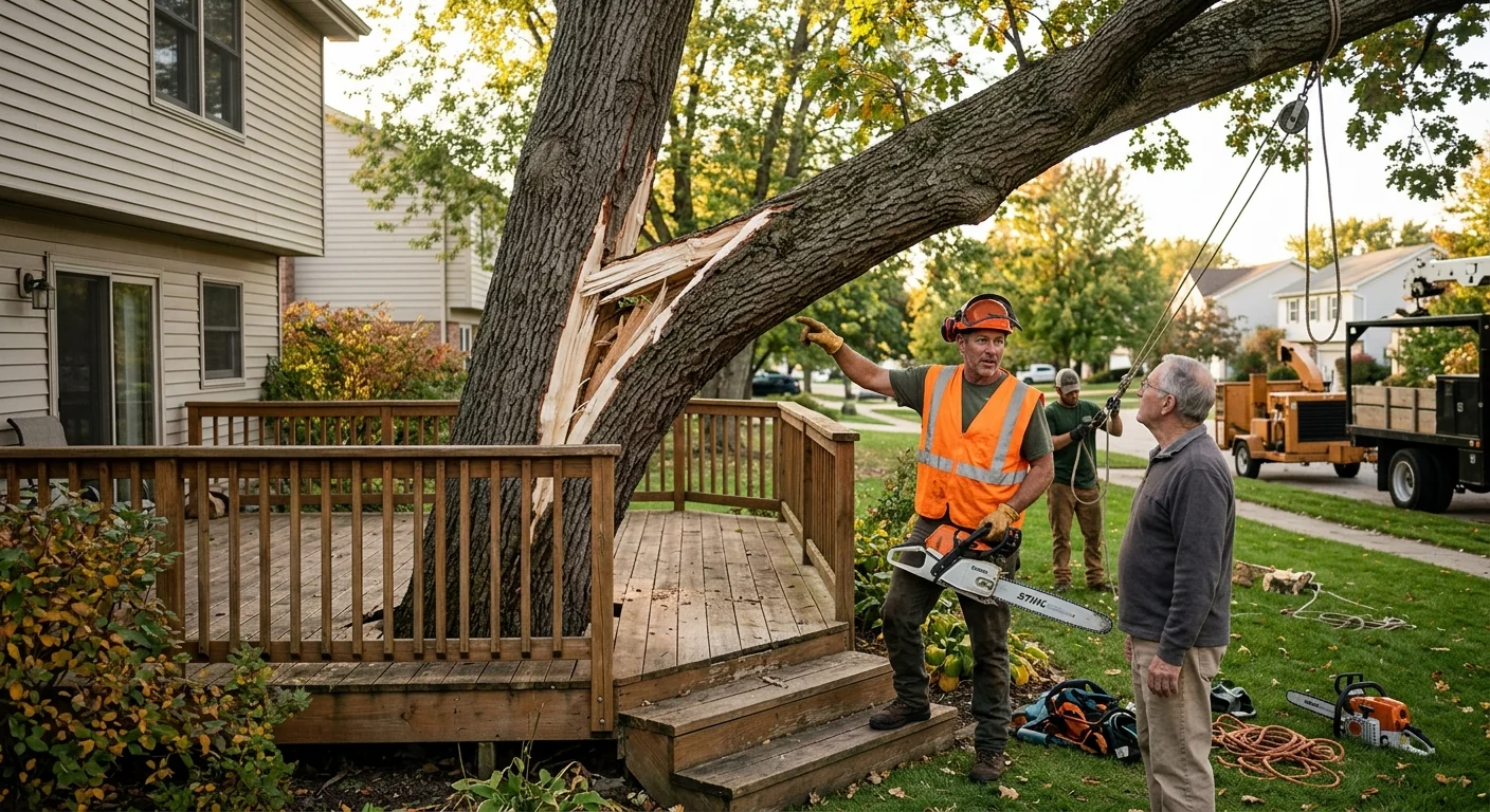 Storm-split oak leaning over a backyard deck awaiting careful removal in Carpentersville