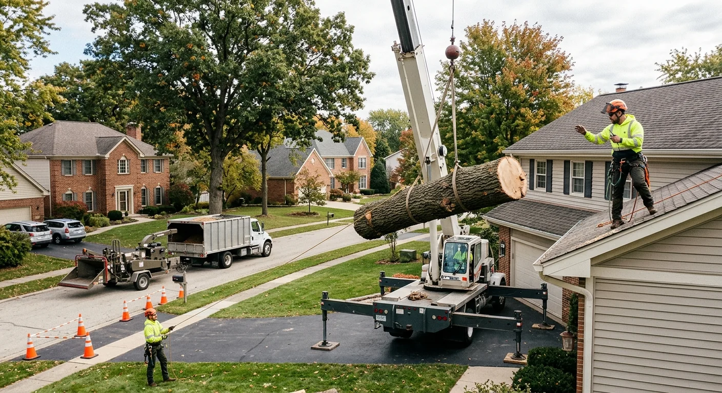 Crane lifting a large trunk section away from a residential rooftop safely
