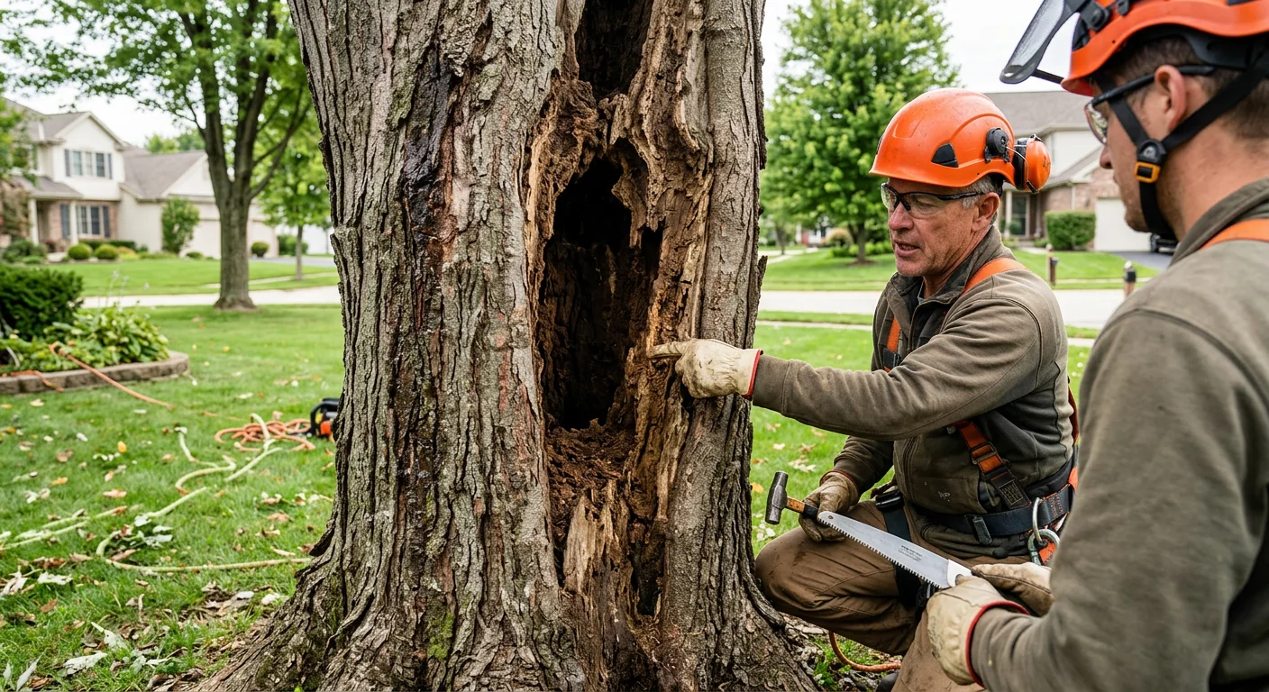 Close-up of decayed maple trunk showing hollow interior before hazardous removal