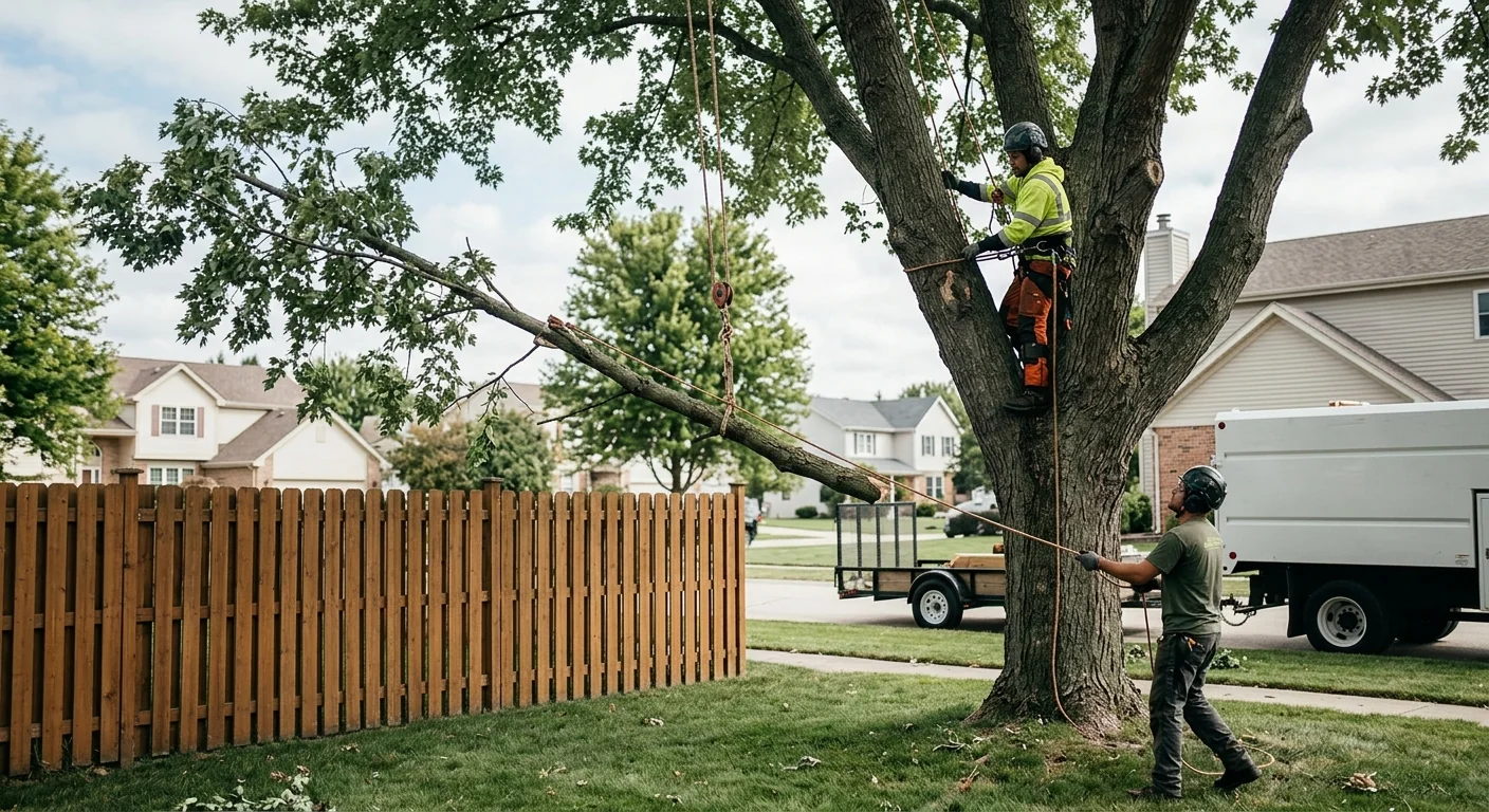 Arborist using rigging lines to lower branches over a fenced yard
