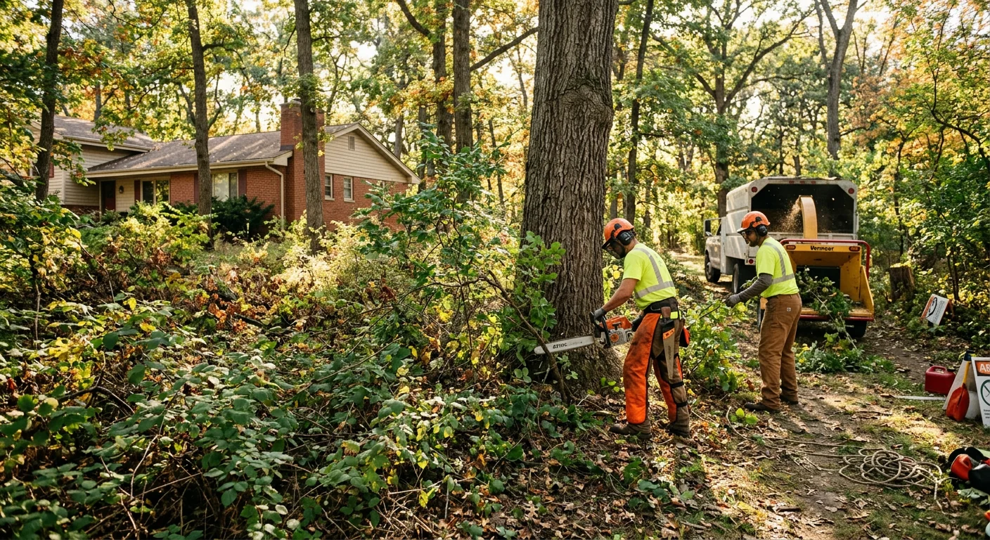 Wooded residential lot before clearing with dense brush and mature trees