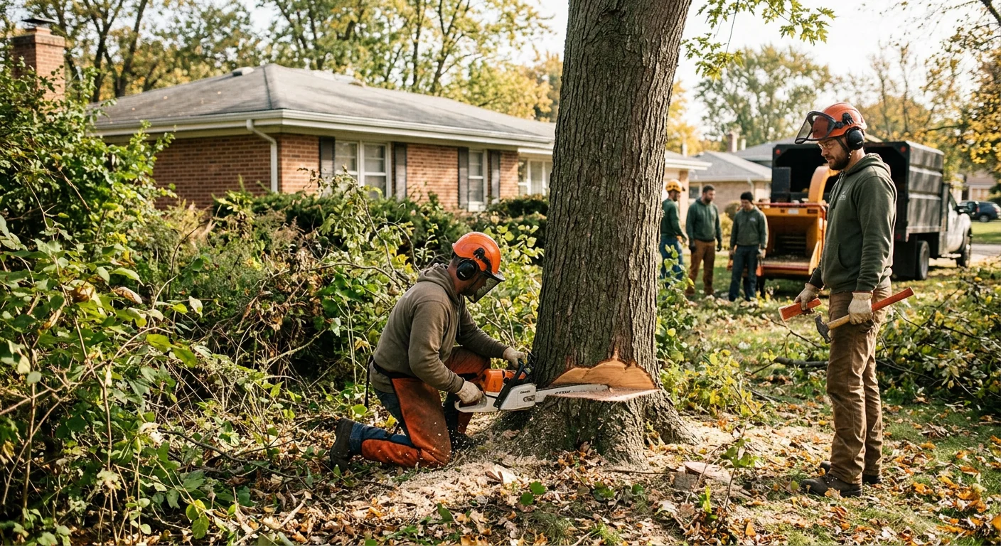 Crew performing directional felling on an overgrown Carpentersville property