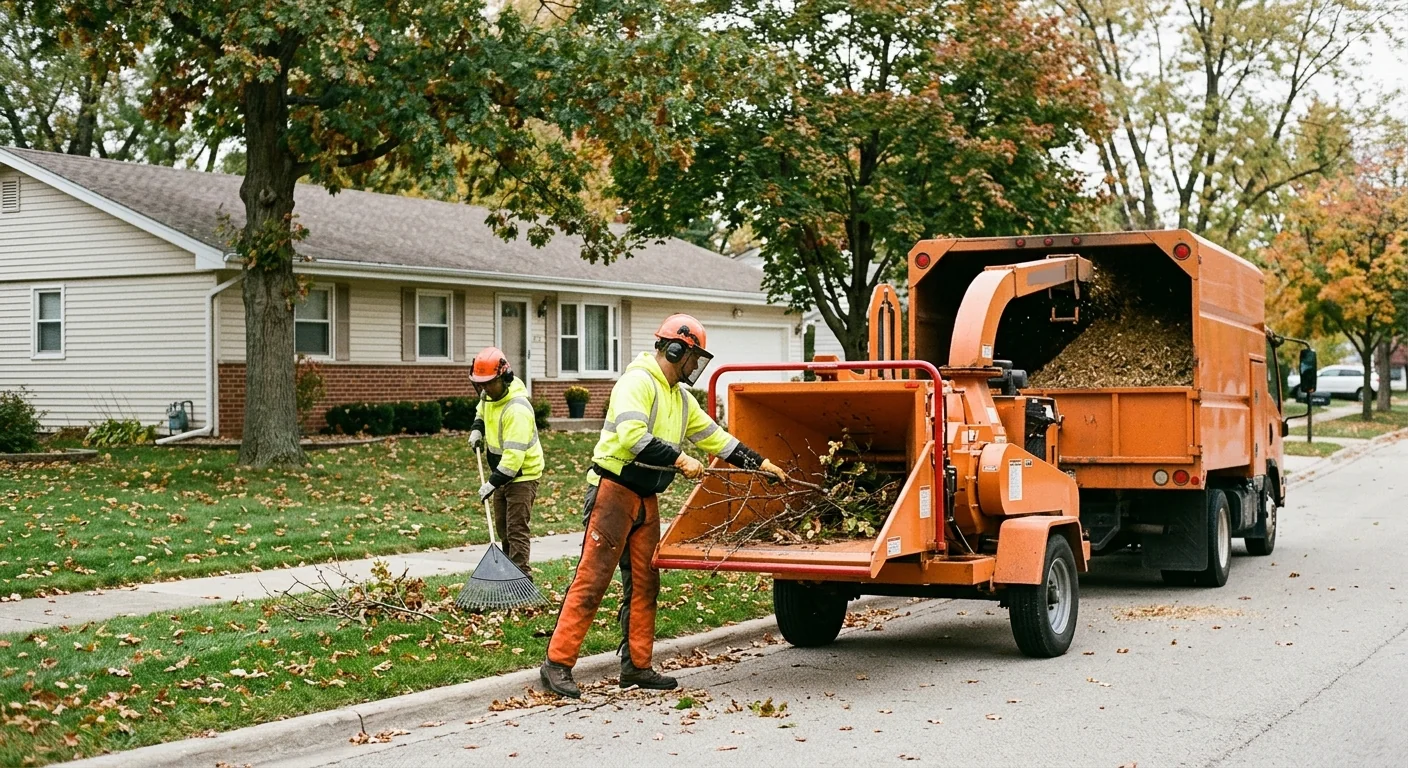 Wood chipper processing branches during brush removal on a suburban lot