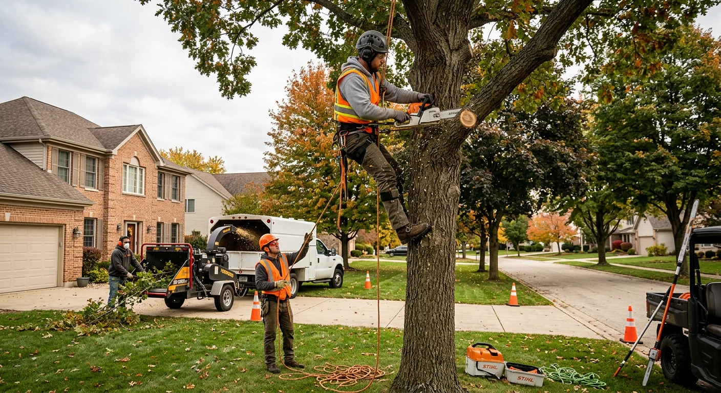 Arborist assessing storm-damaged oak near a Carpentersville home for cleanup pricing