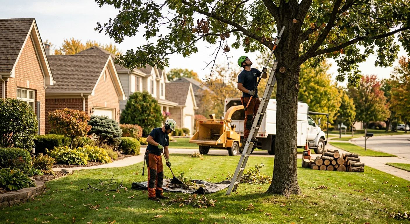 Crew clearing fallen storm-damaged tree limbs from a Carpentersville residential yard