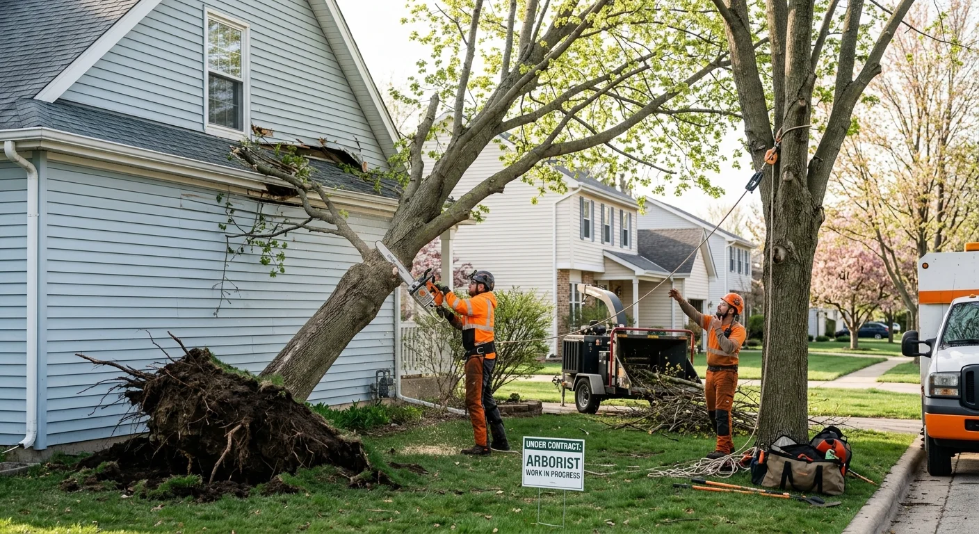 Uprooted maple leaning against a Carpentersville home after a spring windstorm