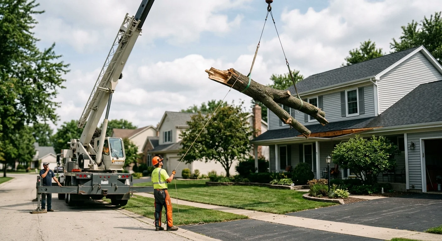 Crane lifting a large storm-broken tree section away from a residential roofline