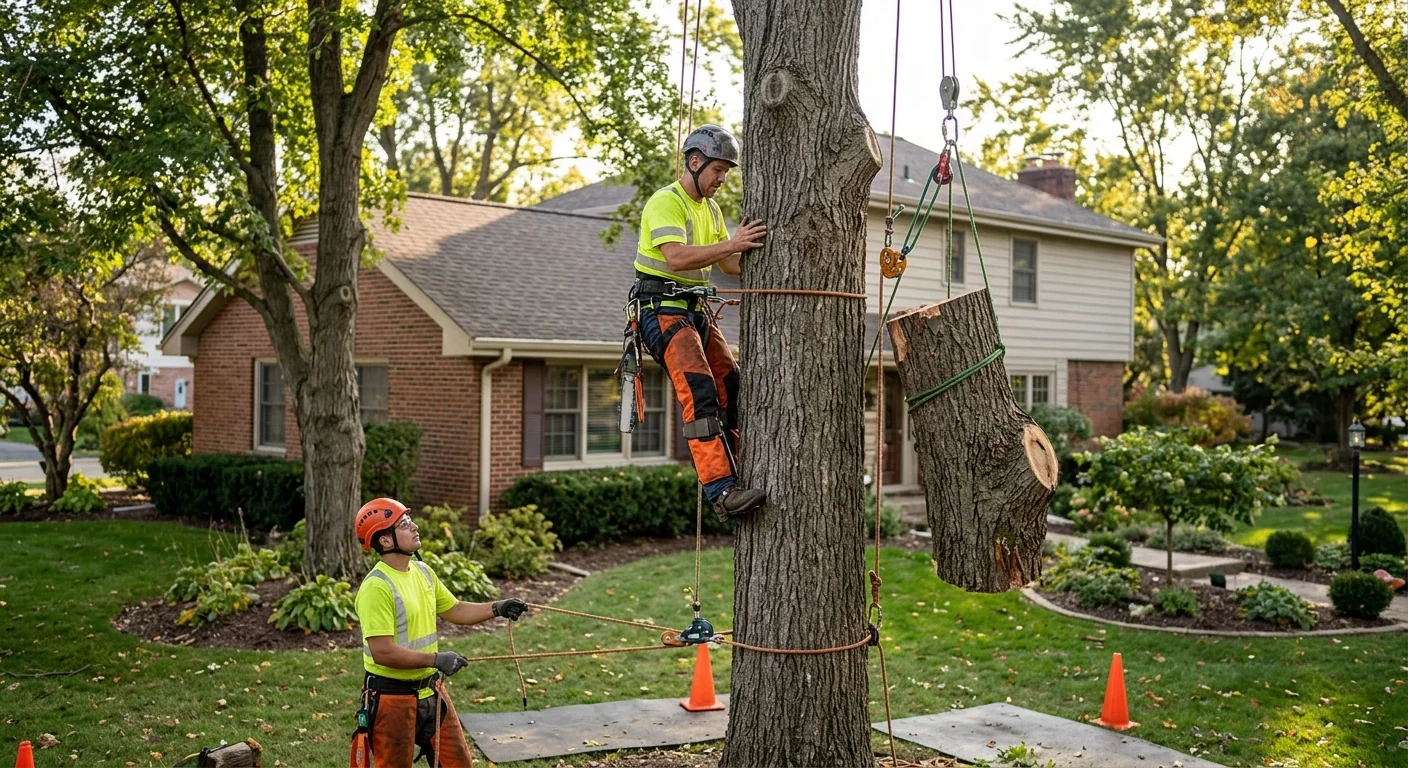 Arborist using rigging lines to lower a split trunk section safely