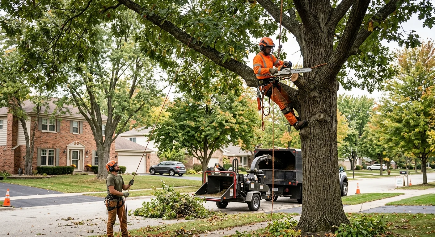 Stump grinder reducing a backyard stump below grade on a Carpentersville property