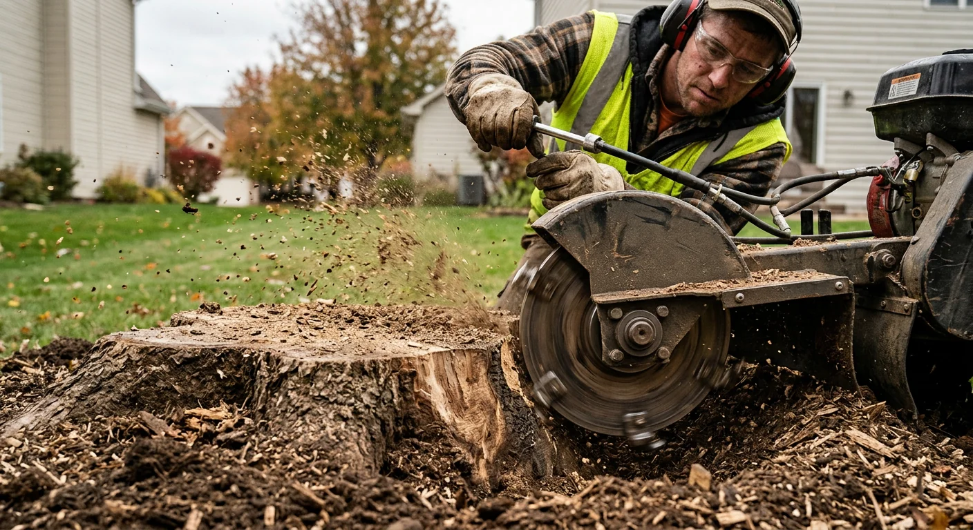 Close-up of grinding wheel cutting into a weathered oak stump below grade