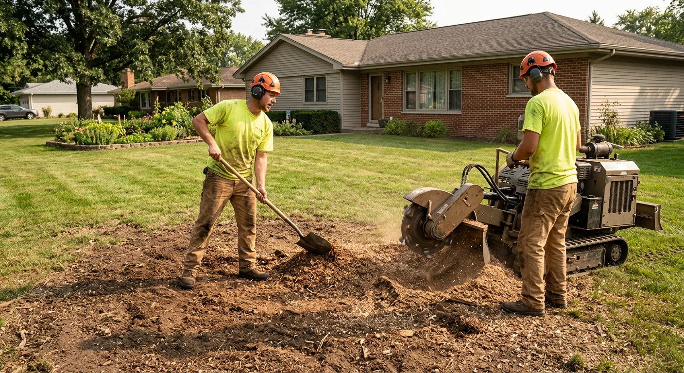 Wide shot of a cleared backyard with a freshly ground stump area in Carpentersville