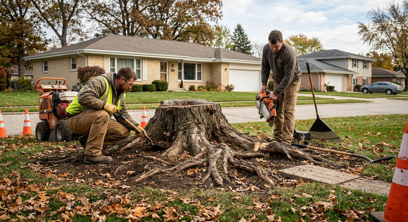 Old stump surrounded by surface roots before grinding in a residential front yard