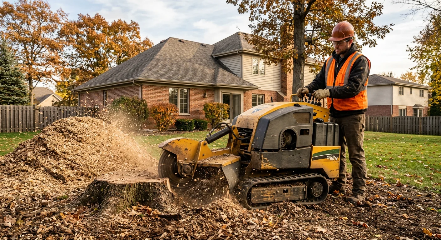 Stump grinder in action reducing wood while chips collect nearby