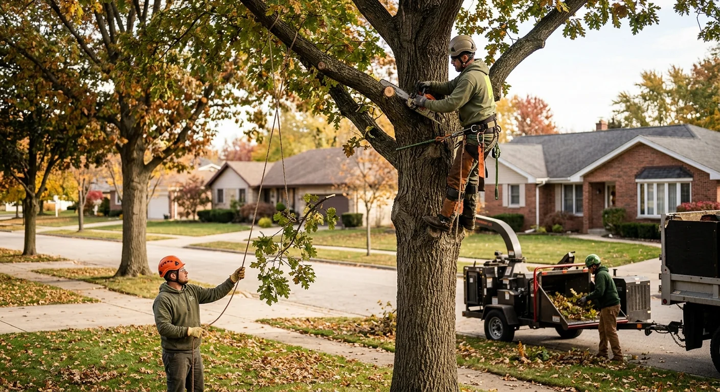 Arborist reviewing cabling hardware options with a homeowner beside a mature backyard tree