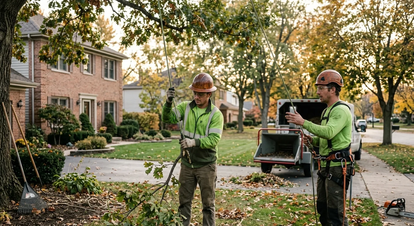 Arborist installing support cables in a mature backyard tree in Carpentersville