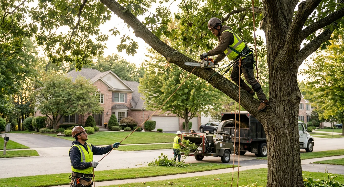 Arborist installing steel support cable high in a mature backyard tree canopy