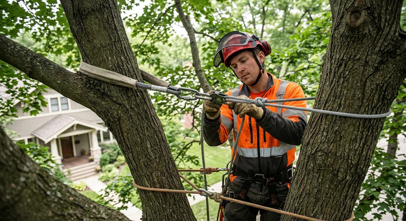 Close-up of a synthetic cable anchored high in a mature maple canopy