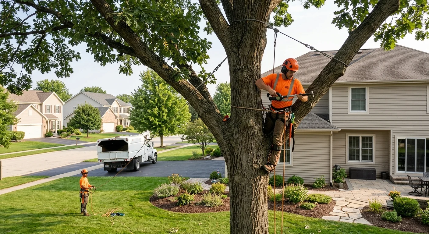 Wide shot of a supported oak standing over a tidy Carpentersville backyard