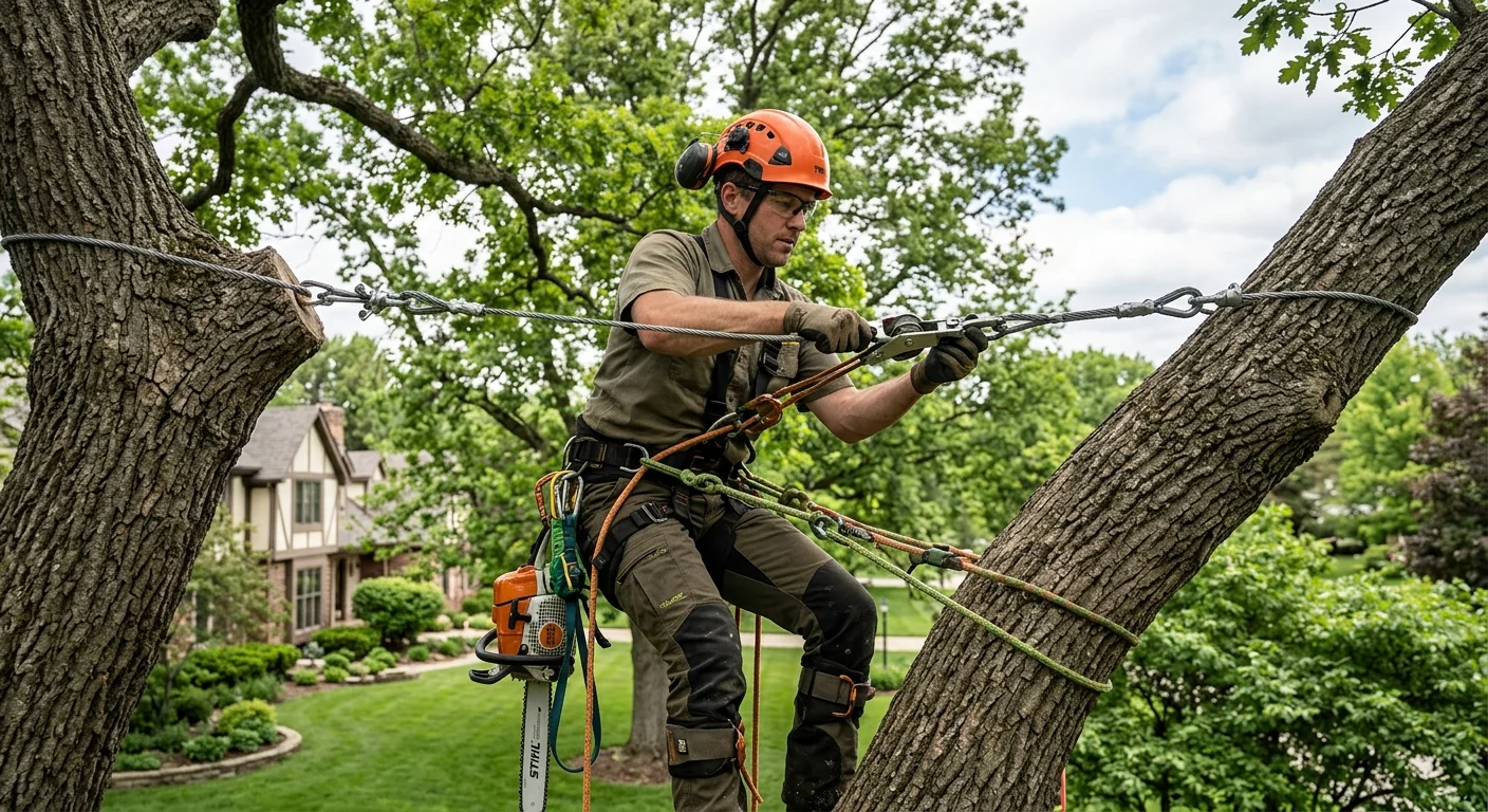 Arborist tensioning a steel cable between two upper limbs during a climb