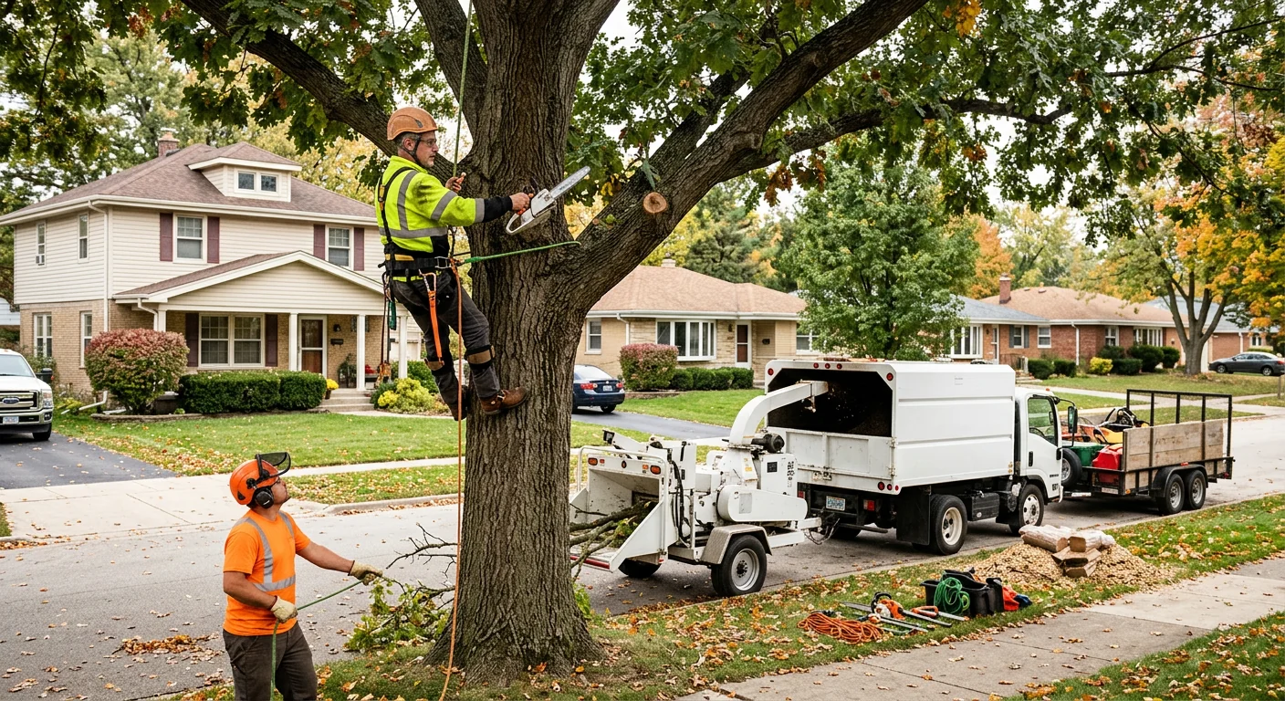 Arborist inspecting a mature backyard tree canopy in a Carpentersville neighborhood