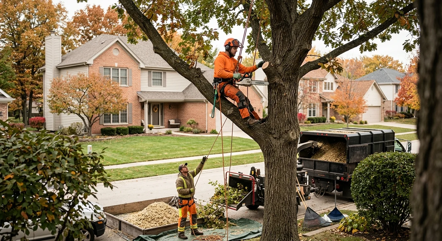 Arborist inspecting a mature backyard tree canopy at a Carpentersville home