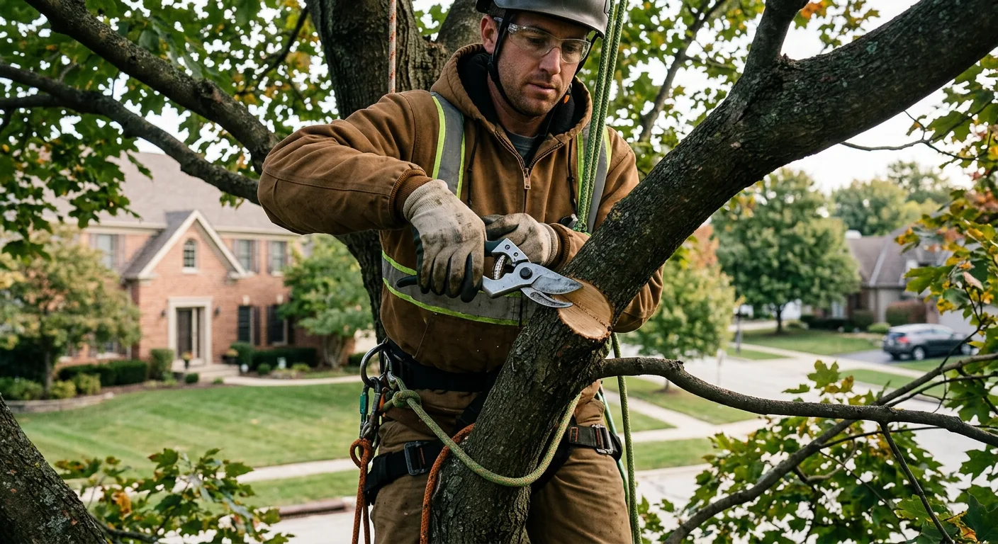 Arborist making a clean pruning cut on a mature maple branch close-up