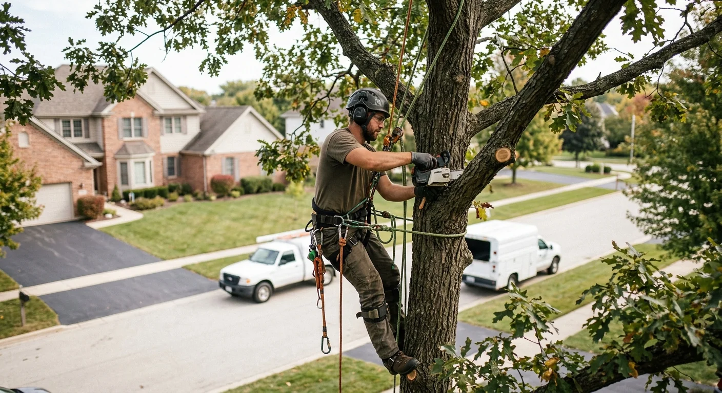 Crew member roped into a tall oak performing crown thinning work