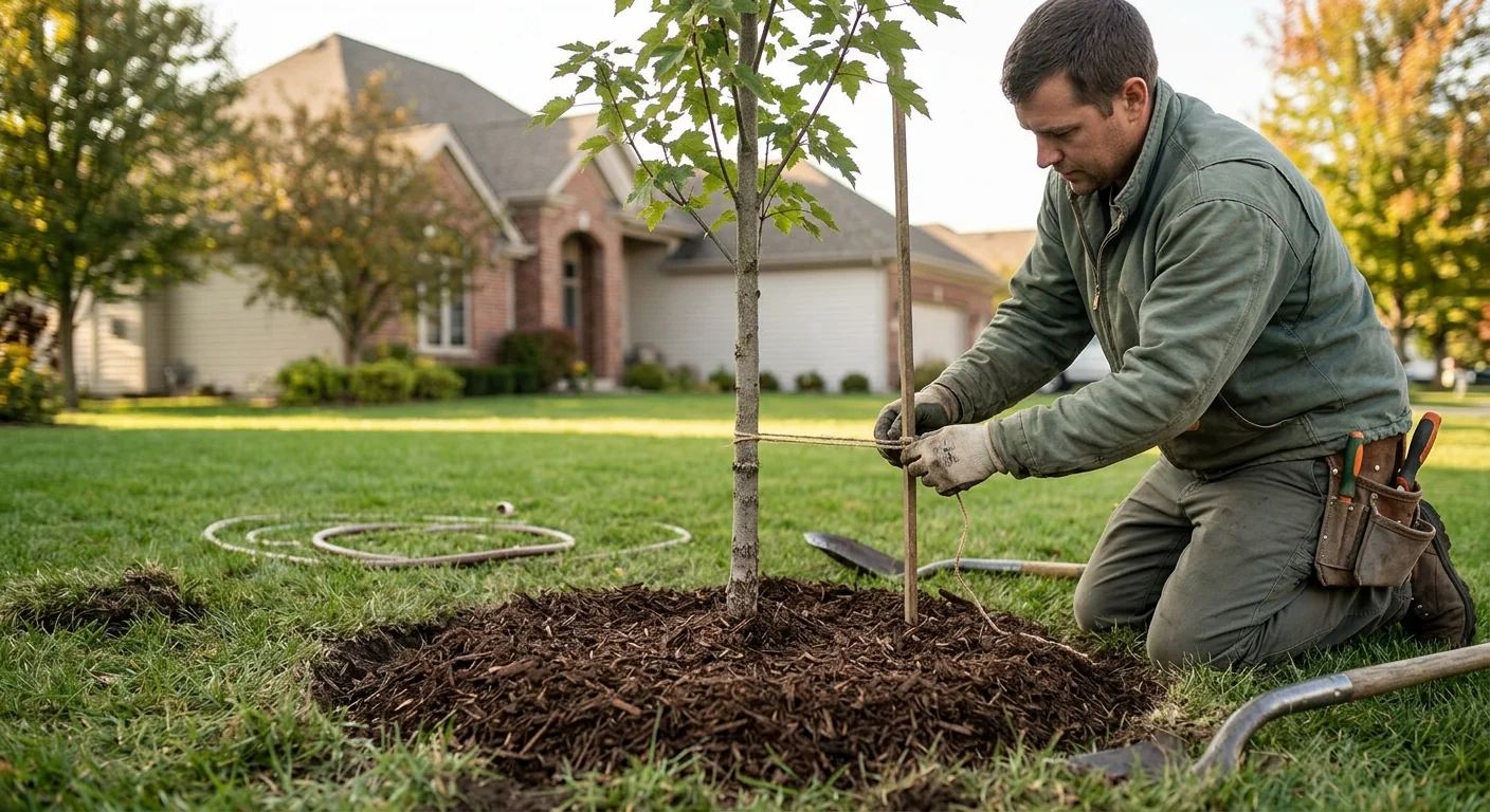 Close-up of a freshly planted maple sapling with fresh mulch ring at ground level